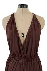 Gorgeous 1980s Genny Brown Jersey Backless Jumpsuit w Wide Legs & Floral Applique