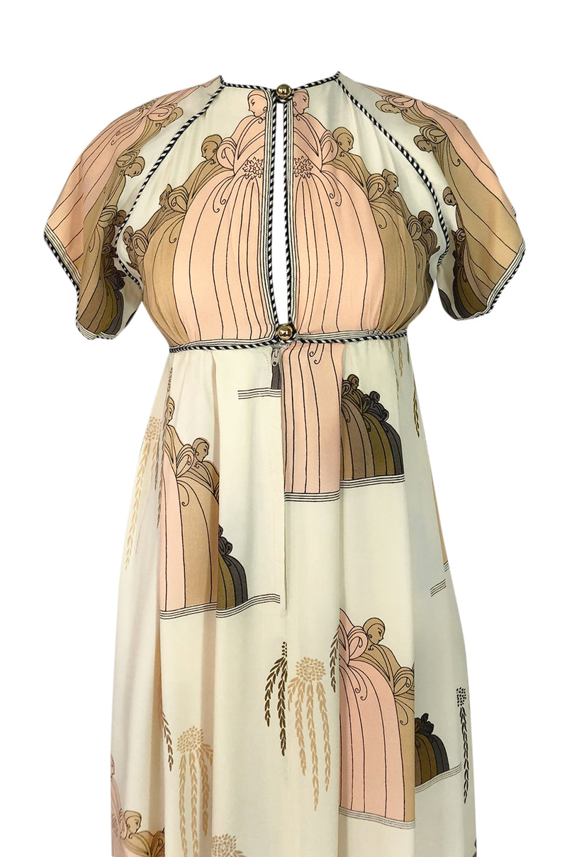 1960s Jean Varon Slit Front Empire Waist Art Deco Print Dress
