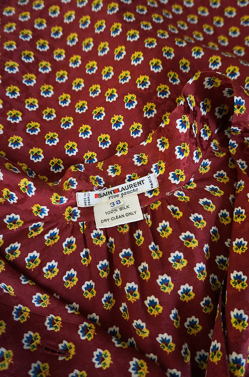 1970s Yves Saint Laurent Pretty Floral Silk Tie Neck Top
