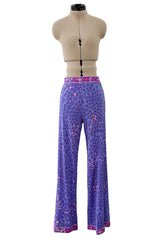 Prettiest 1970s Bessi Light Purple & Pink Printed Silk Jersey Flared Pants