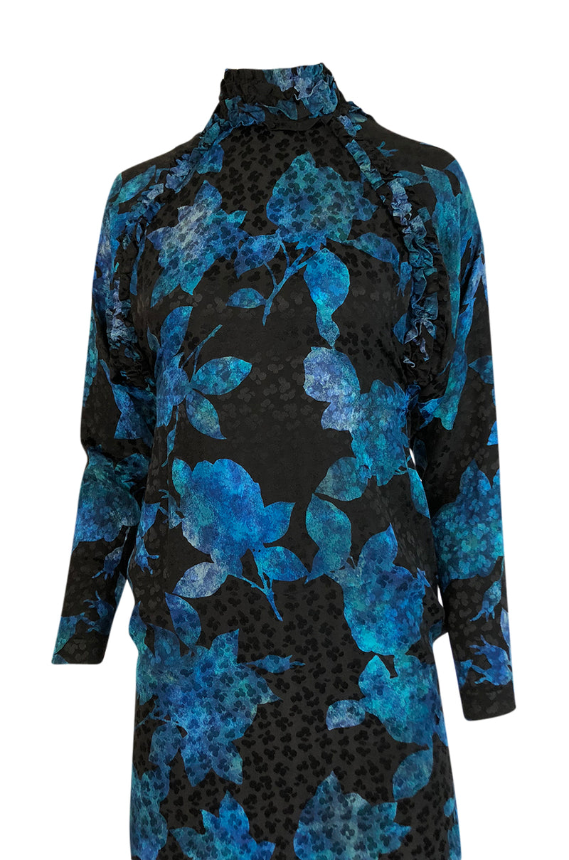 1970s James Galanos Backless Blue Floral Print Ruffled Silk Dress