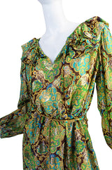 1970s Green & Gold Metallic Silk Adele Simpson Dress