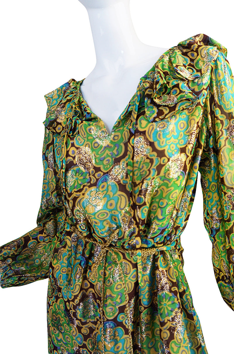 1970s Green & Gold Metallic Silk Adele Simpson Dress