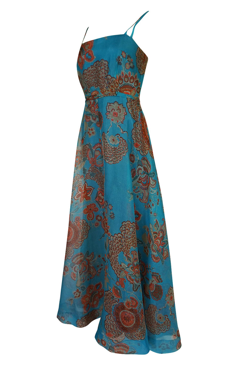 1960s Hardy Amies Deep Turquoise & Printed Silk Organza Dress w Matching Ruffled Capelet