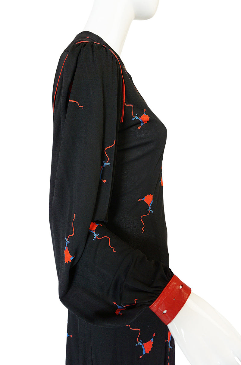 1970s Ann Buck Jersey with Leather Trim Print Dress