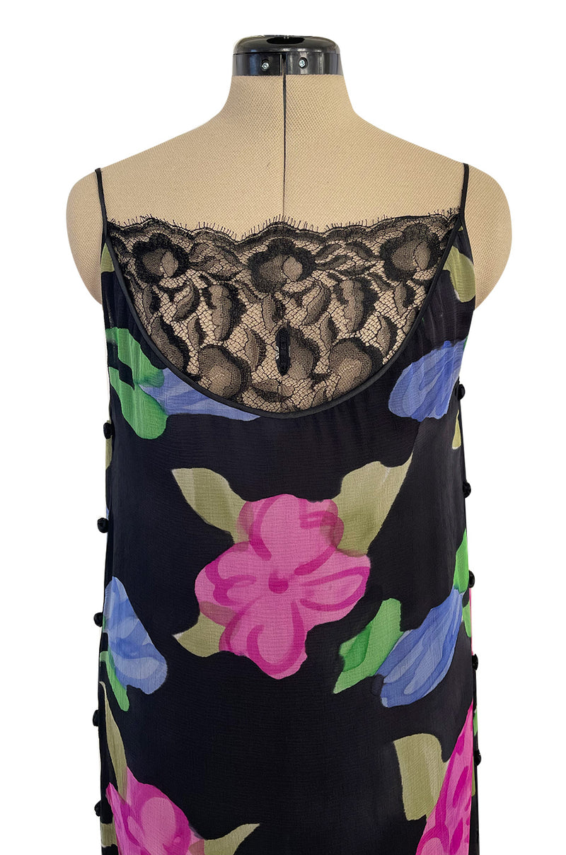 Custom 1970s James Galanos Floral Print Silk Chiffon Dress w Deep Plunging Black Lace Inserts