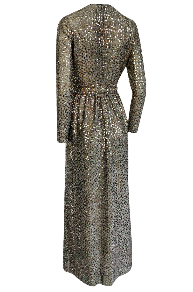 1970s Mollie Parnis Silver Sequin & Knit Lame Jersey Dress w Belt