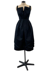 Prettiest 1950s Marshall Field Black Silk Cocktail Dress w Unusual Bodice Detailing