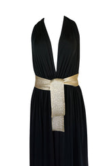 Documented 1980 Bill Tice Plunge Black & Gold Backless Halter Dress