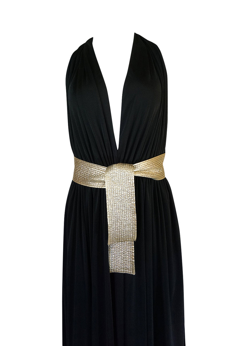 Documented 1980 Bill Tice Plunge Black & Gold Backless Halter Dress