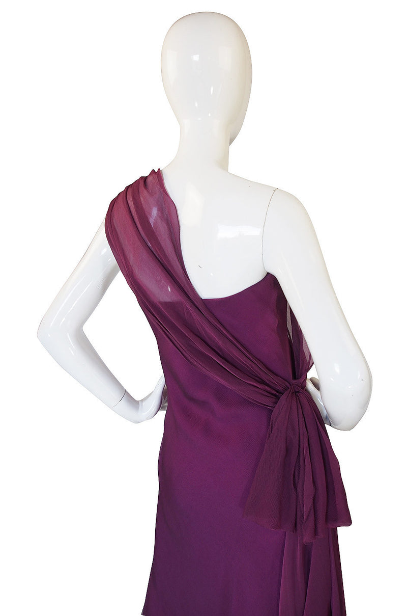 1990s Ben de Lisi One Shoulder Aubergine Silk Chiffon Dress