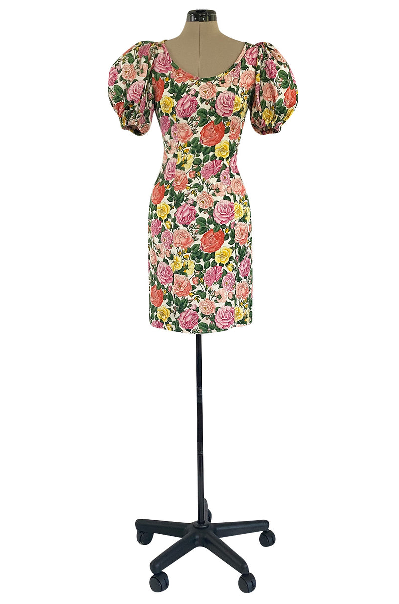 Well Documented Spring 1992 Yves Saint Laurent Ad Campaign Pouf Sleeve Silk Pink Floral Dress