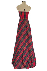 Fabulous 1980s Yves Saint Laurent Strapless Deep Red Plaid Silk & Cotton Dress