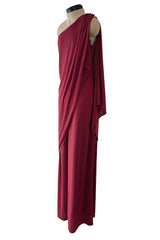 Fabulous 1970s Unlabeled Burgundy Jersey One Shoulder Wide Leg Jumpsuit