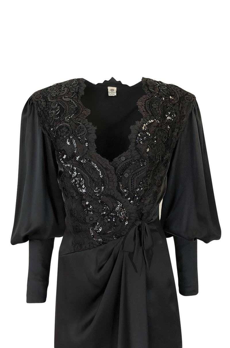c.1988 Emanuel Ungaro Black Sequin Lace & Silk Satin Dress