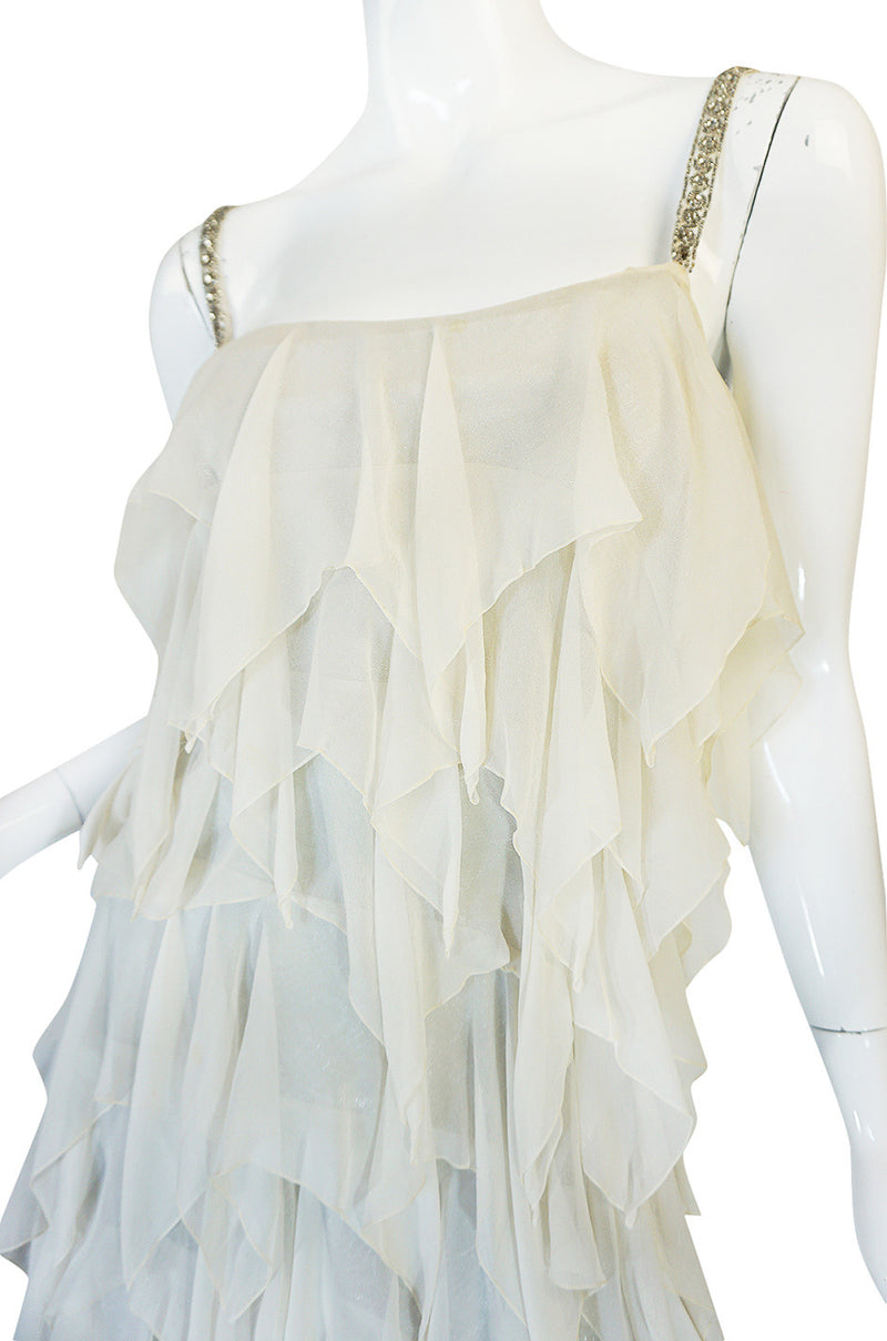 1970s Ivory Silk Chiffon & Silver Stavropoulos Petal Dress