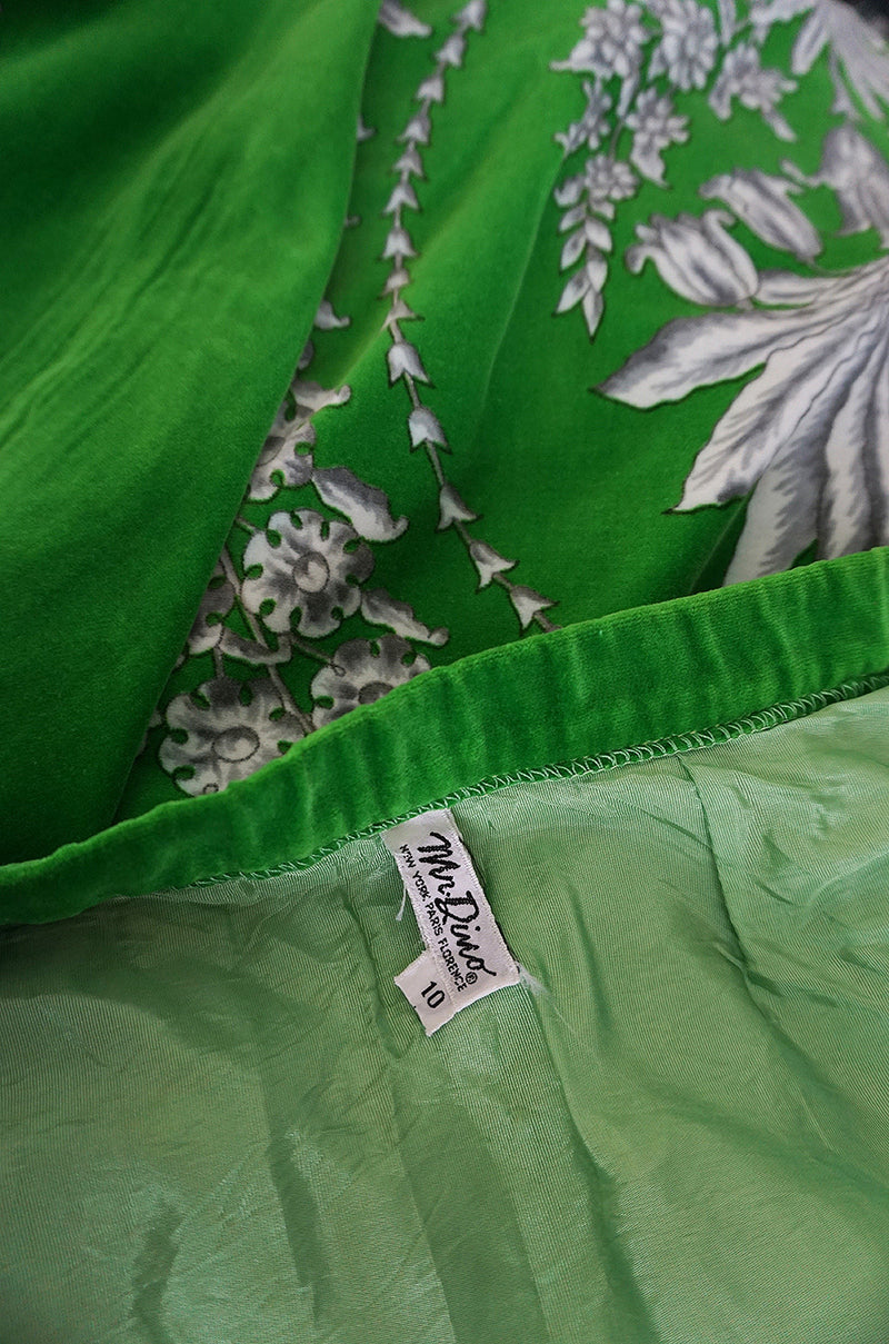 1970s Brillaint Green Velvet Mr Dino Print Maxi Skirt