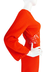 1970s Open Weave Cut Out Crochet Red Knit Dress