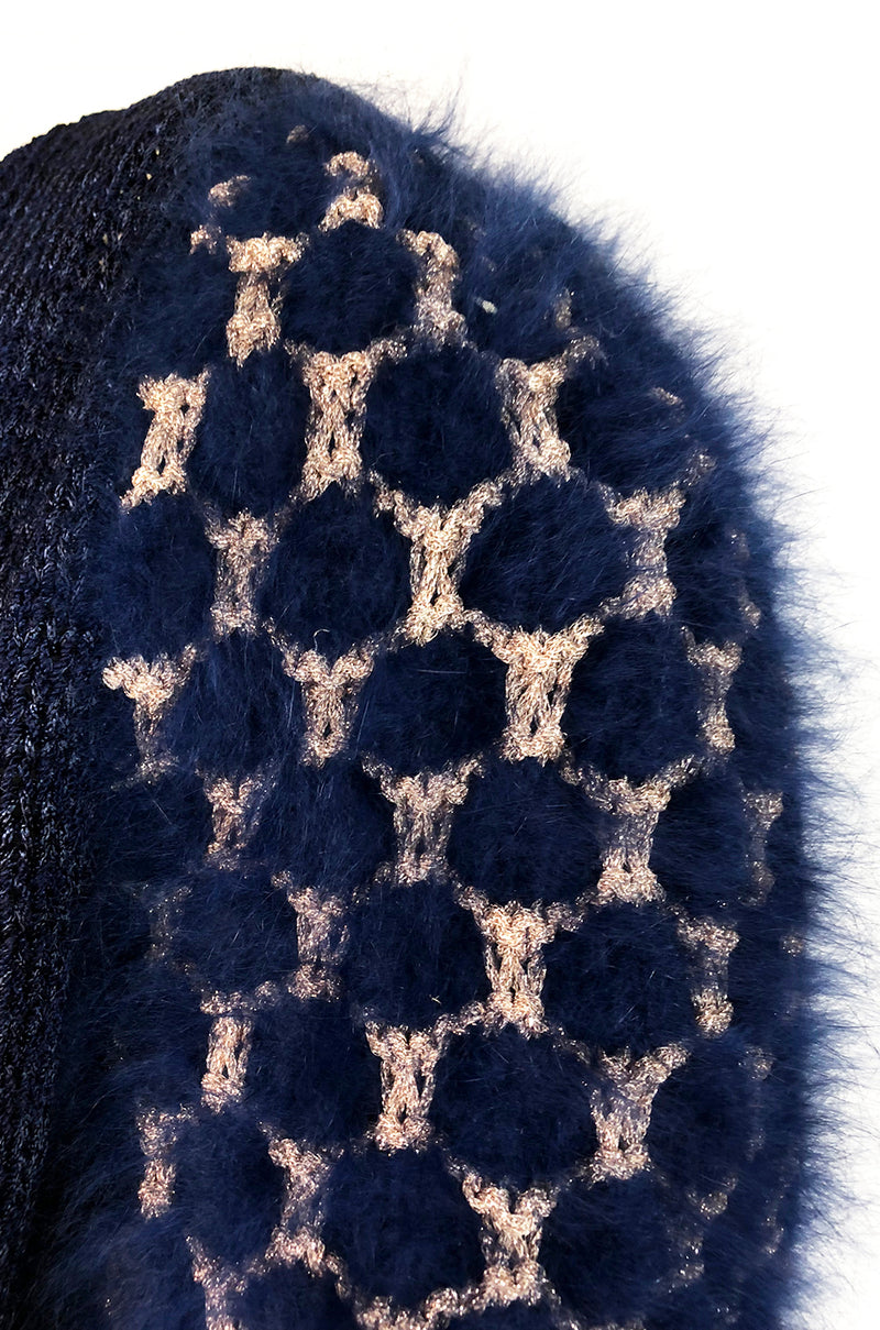 1970s Cropped Blue Mohair, Wool & Gold Metallic Plunge Sweater
