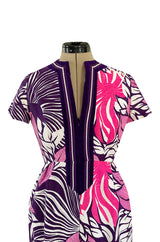 1960s Gino Charles for Malcolm Starr Purple & Pink Printed Jumpsuit w Extra Wide Legs
