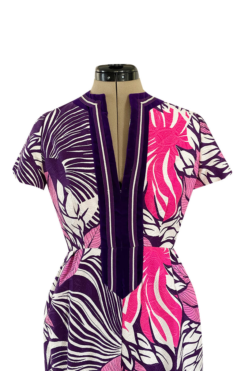 1960s Gino Charles for Malcolm Starr Purple & Pink Printed Jumpsuit w Extra Wide Legs