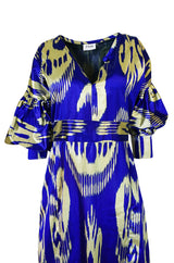 Recent Zazi Vintage Silk Ikat "Madhu" Bliue & Gold Caftan Dress
