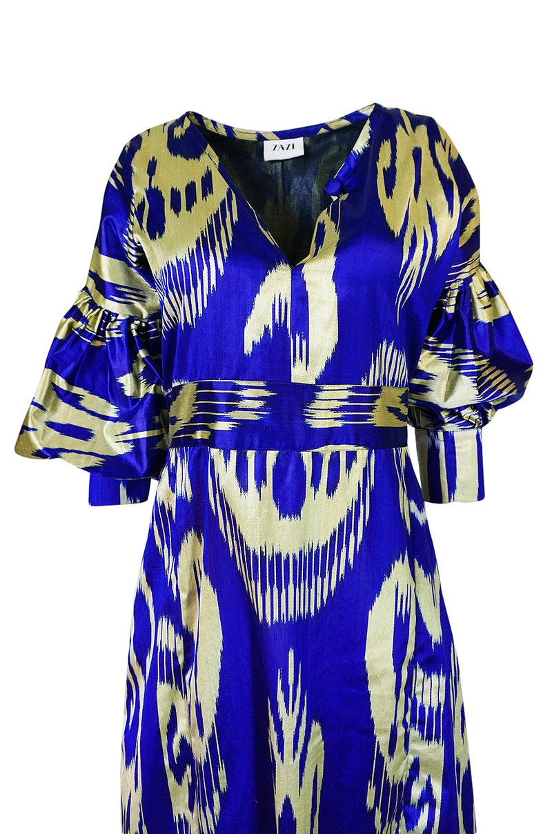 Recent Zazi Vintage Silk Ikat "Madhu" Bliue & Gold Caftan Dress