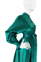 1960s Teal Traina Emerald Green Embroidered Silk Dress