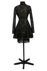 1980s James Galanos Attributed Demi-Couture Black & Metallic Gold Lace Dress Set