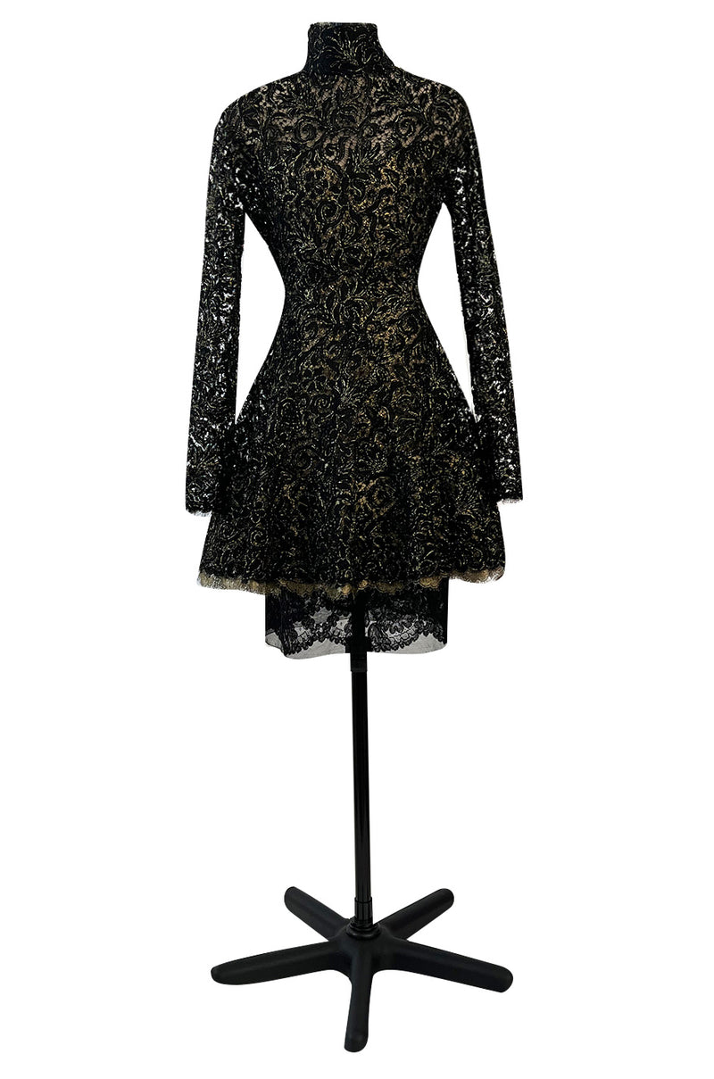 1980s James Galanos Attributed Demi-Couture Black & Metallic Gold Lace Dress Set