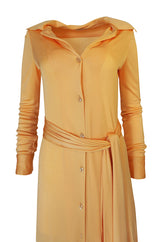 Rare 1972 Halston Couture Peach Silk Jersey Belted Shirt Dress