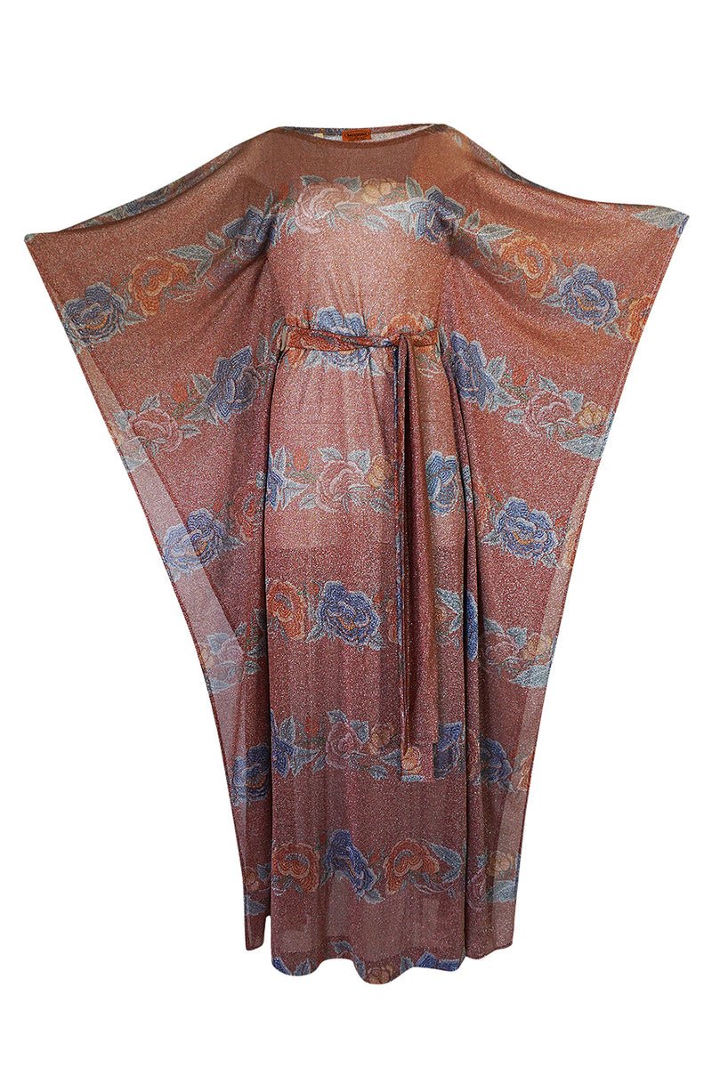 Iconic c.1972-73 Missoni Floral Print Metallic Lurex Caftan Dress