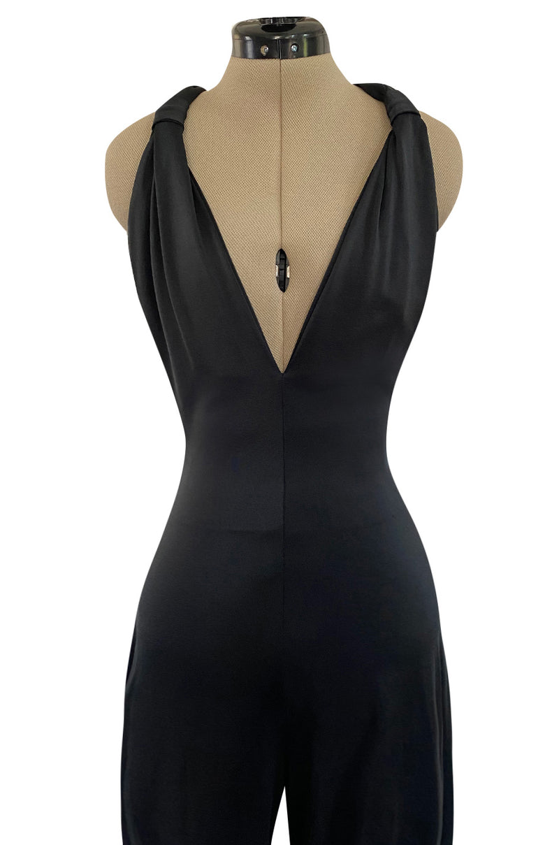 Early 1980s Giorgio Sant' Angelo Black Plunge Jersey Jumpsuit w Balloon Bottoms & Bare Back