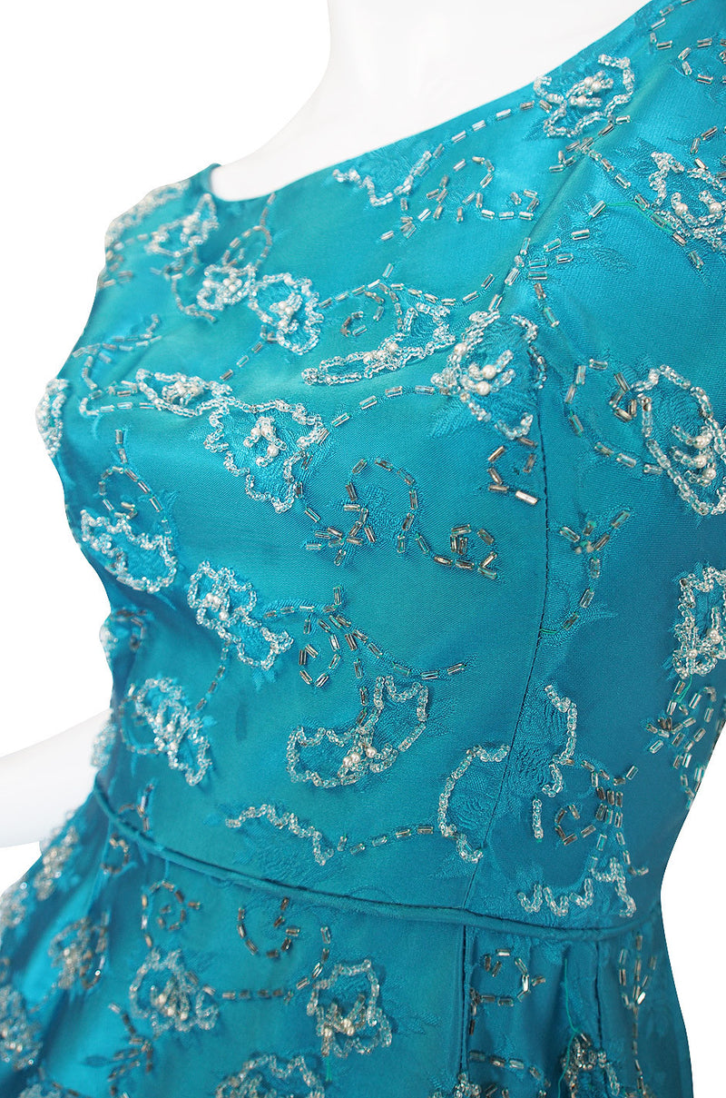 1950s Fully Beaded Brillant Turquoise Gown