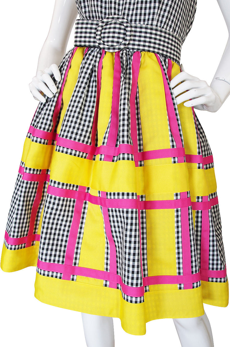 1980s Bill Blass Check & Bright Backless Dress