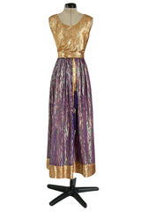 Fabulous 1970s Adolfo Metallic Gold, Green and Purple Silk Skirt, Tassle Belt & Top Set
