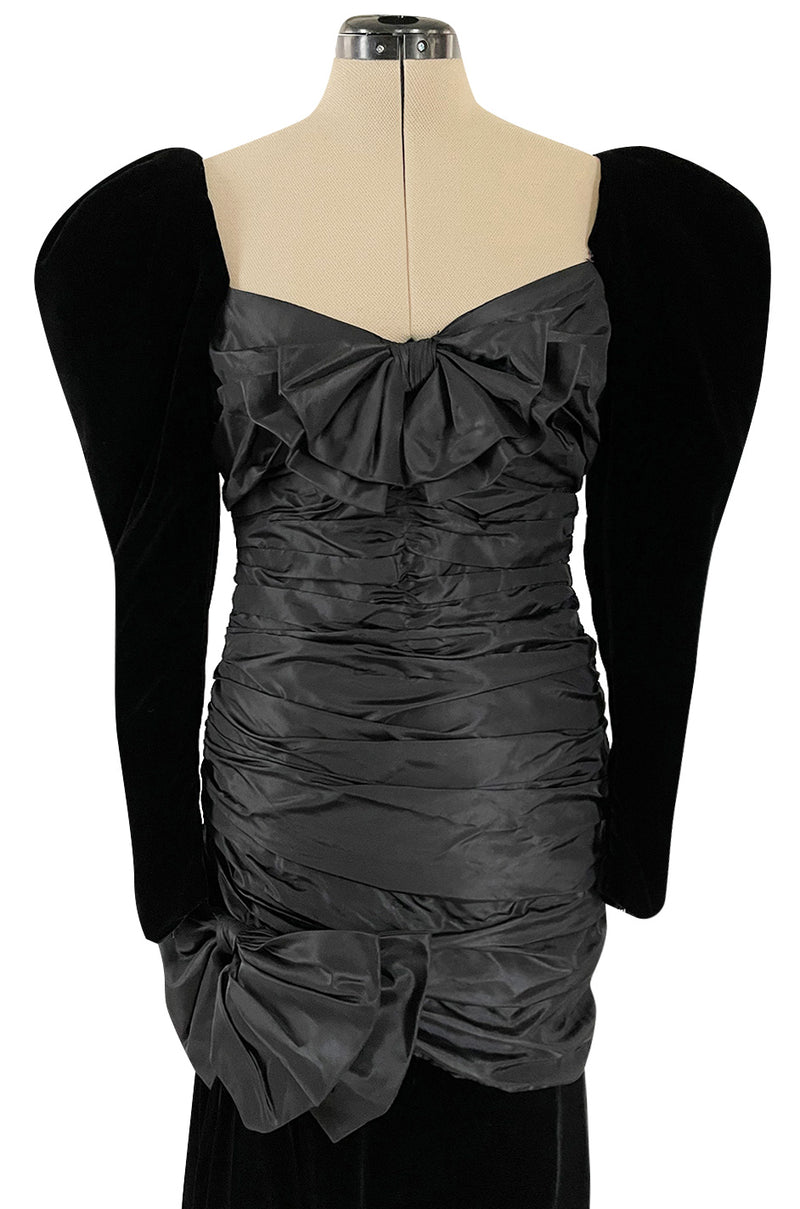 Dramatic 1980s Nina Ricci Black Velvet & Silk Taffeta Dress w Fabulous Sleeves & Slit Skirt