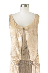 1920s Gold Ivory Silk Velvet & Silk Chiffon Pearl Flower Beaded Dress