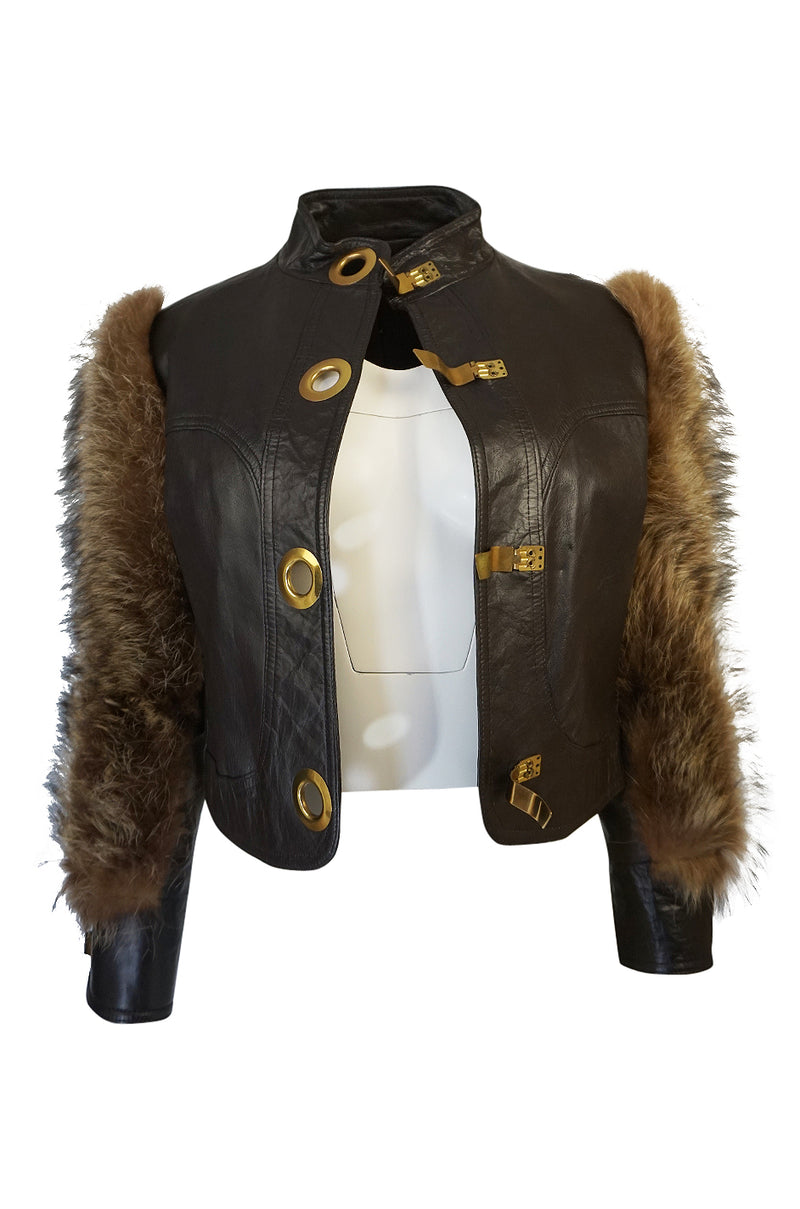 1960s Fur Sleeve Leather Bomber Jacket w Brass Hook Closures