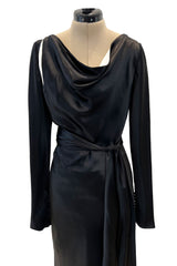 Incredible 2007 Alexander McQueen Original Bias Cut Black Silk Satin Dress w Tie Belt