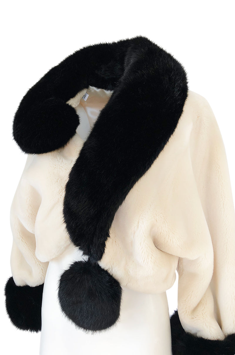 1994 Franco Moschino Ivory & Black Question Mark Faux Fur Cropped Jacket