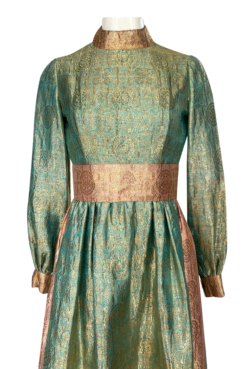 1960s George Halley Gold Metallic Blue-Green & Dusty Pink Lame Dress