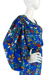 1980s Yves Saint Laurent Bright Floral Print Blue Silk Dress