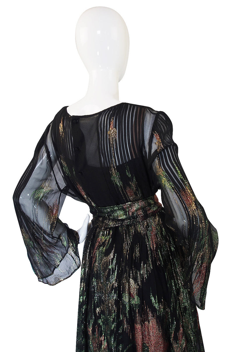 1970s Silk Chiffon Metallic Trigere Dress