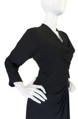 1950s Dorothy O'Hara Draped Front Black Crepe Dress