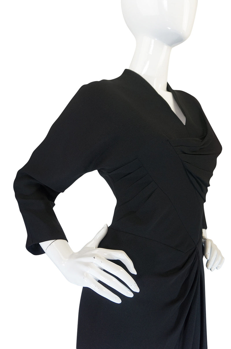 1950s Dorothy O'Hara Draped Front Black Crepe Dress