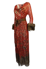 Fall 1979 Bill Blass Couture Hand Sequin Gold & Red Silk Chiffon Dress