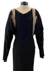 Fabulous 1930s Black Bias Cut Silk Crepe Dress w Unusual Rhinestone & Beaded Applique
