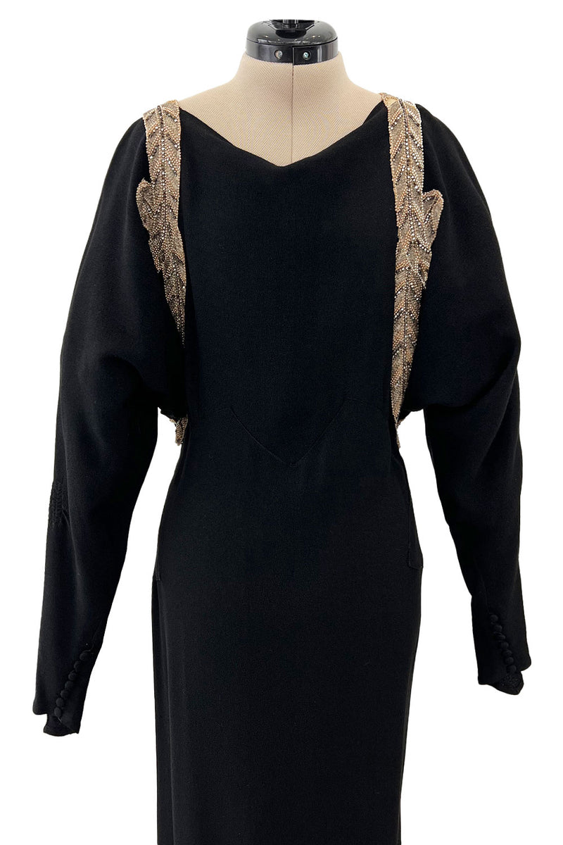 Fabulous 1930s Black Bias Cut Silk Crepe Dress w Unusual Rhinestone & Beaded Applique