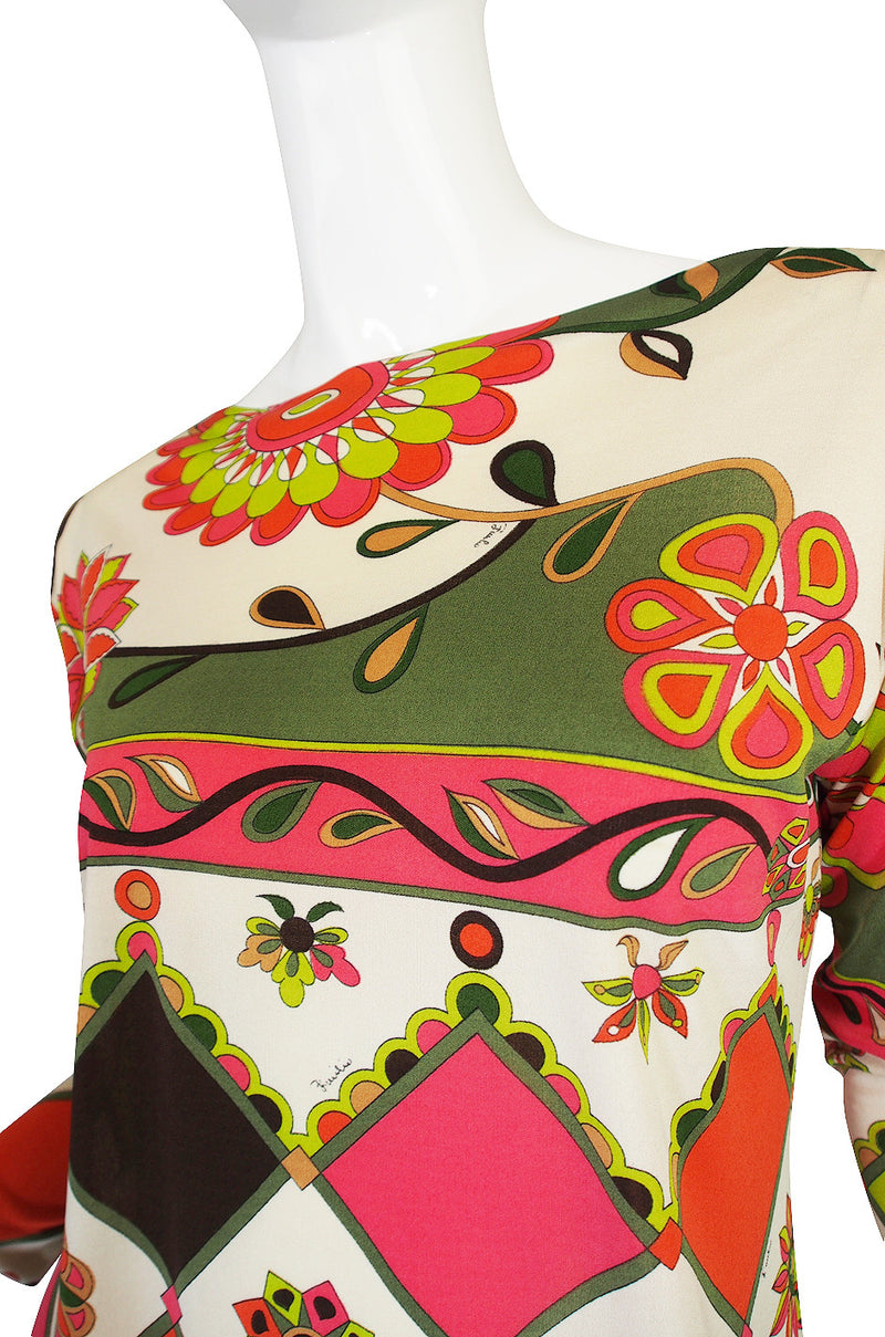 Emilio Pucci C.1960’s Geometric Floral Signature Print Cashmere Knit Shift Dress